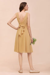 Vestido mini dorado de dama de honor de gasa, vestido informal diario, sin mangas, cuello en V